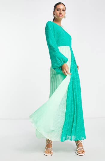 ASOS DESIGN Colorblock Long Sleeve Pleated Maxi Dress | Nordstrom