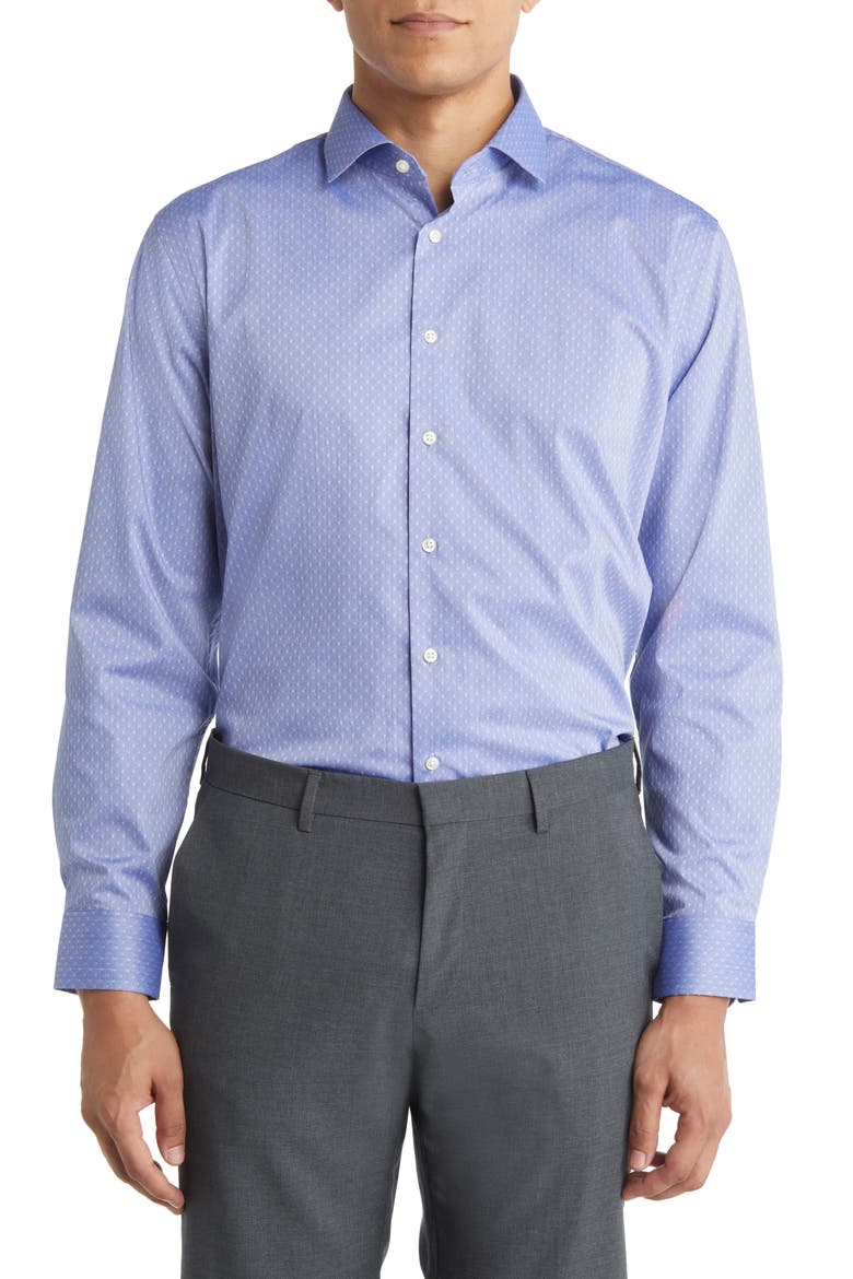 Tech-Smart Trim Fit Performance Dress Shirt, Main, color, NAVY PINPOINT DOBBYS