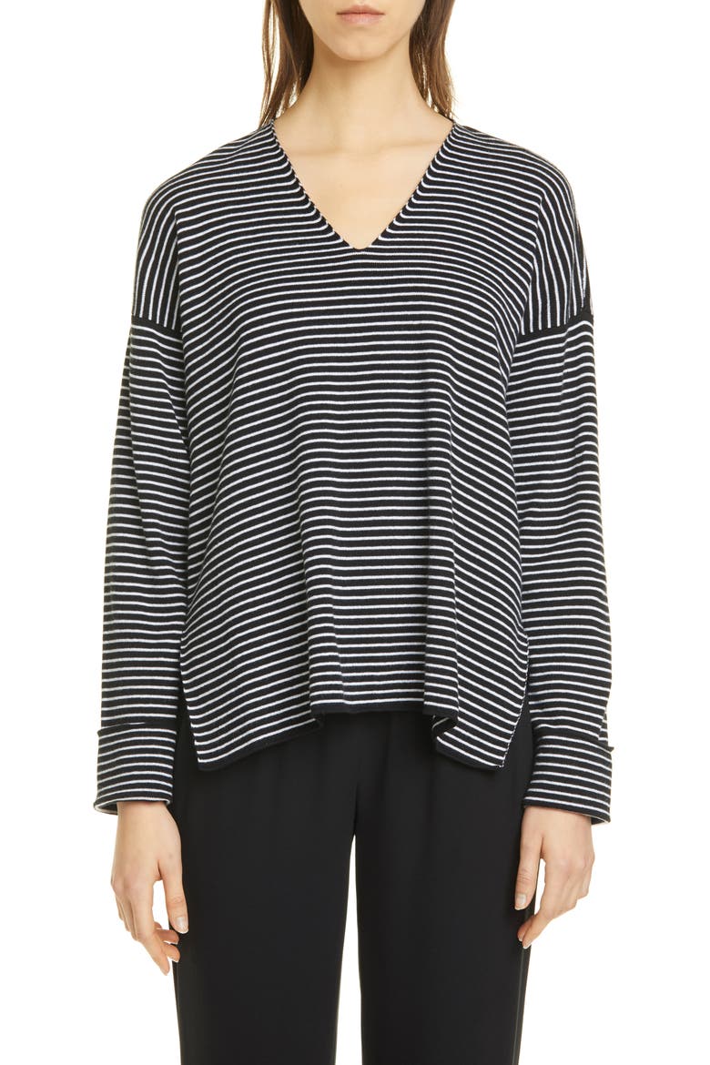 Stripe V-Neck Box Top Sweater, Main, color, BLACK/ WHITE
