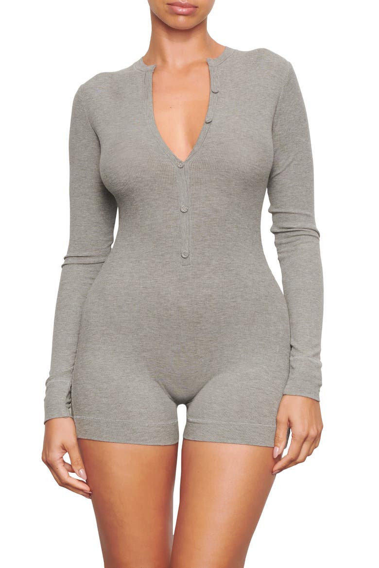Soft Lounge Long Sleeve Henley Romper Pajamas, Main, color, HEATHER GREY