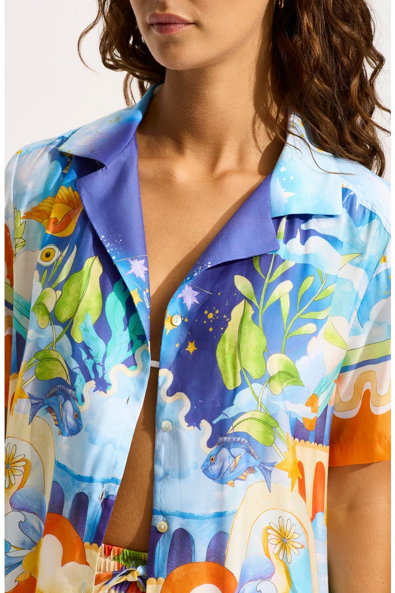 Aquarius Linen Button-Up Cover-Up Shirt, Alternate, color, TURQUOISE