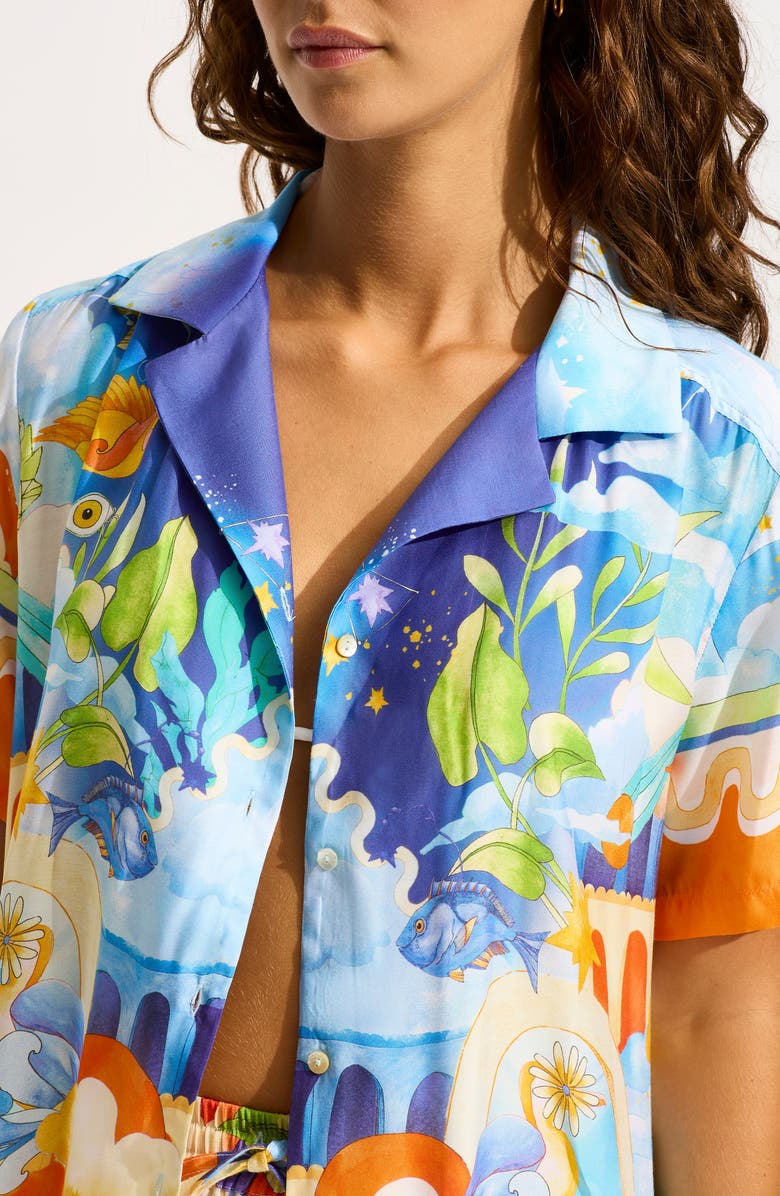 Seafolly Aquarius Linen Button-Up Cover-Up Shirt, Alternate, color, Turquoise