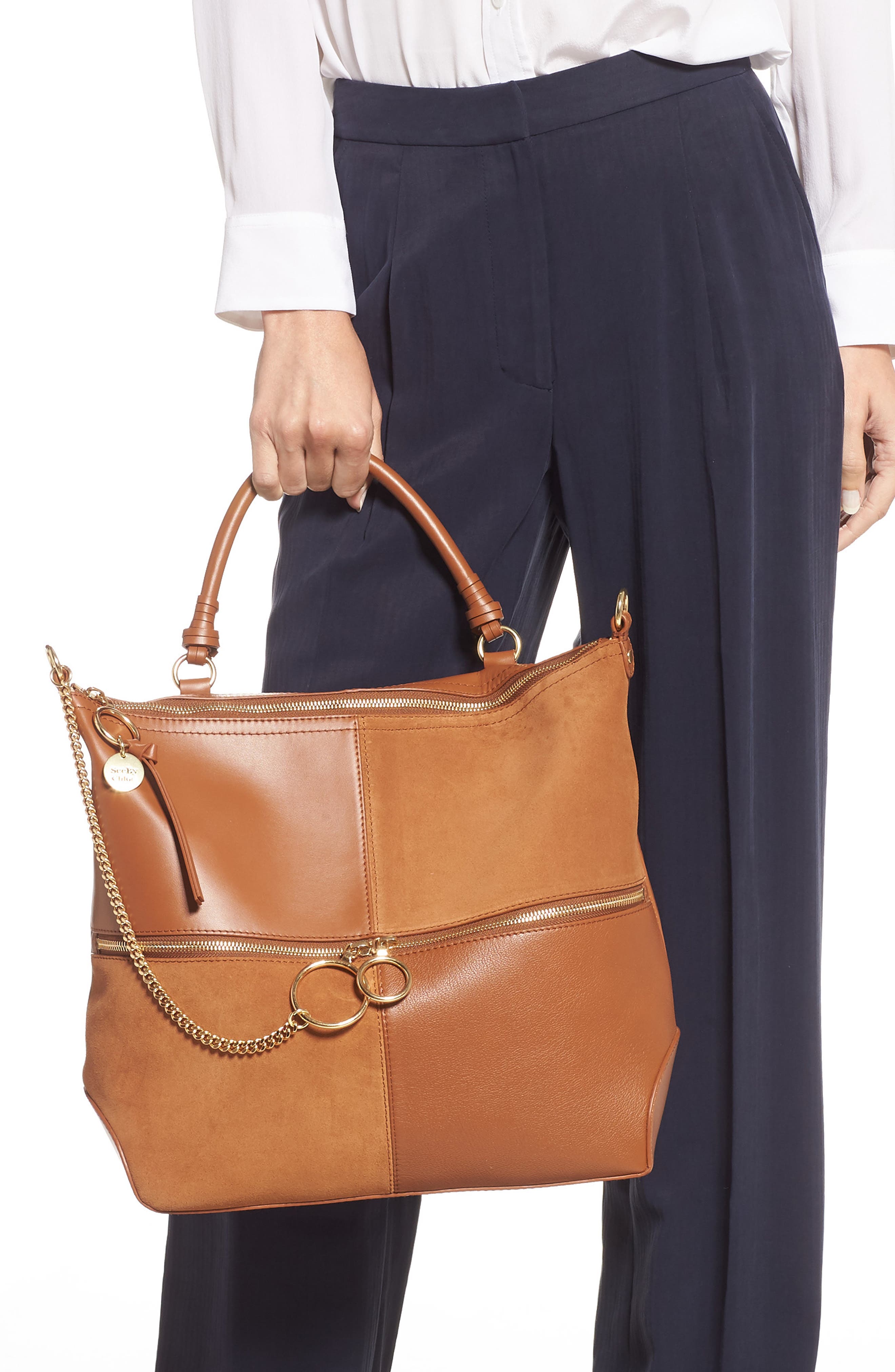 Emy Suede & Leather Satchel, Alternate, color, CARAMELLO