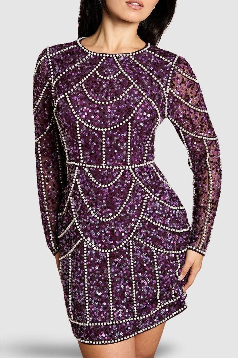 Petite Embellished Mini Dress, Alternate, color, Fig