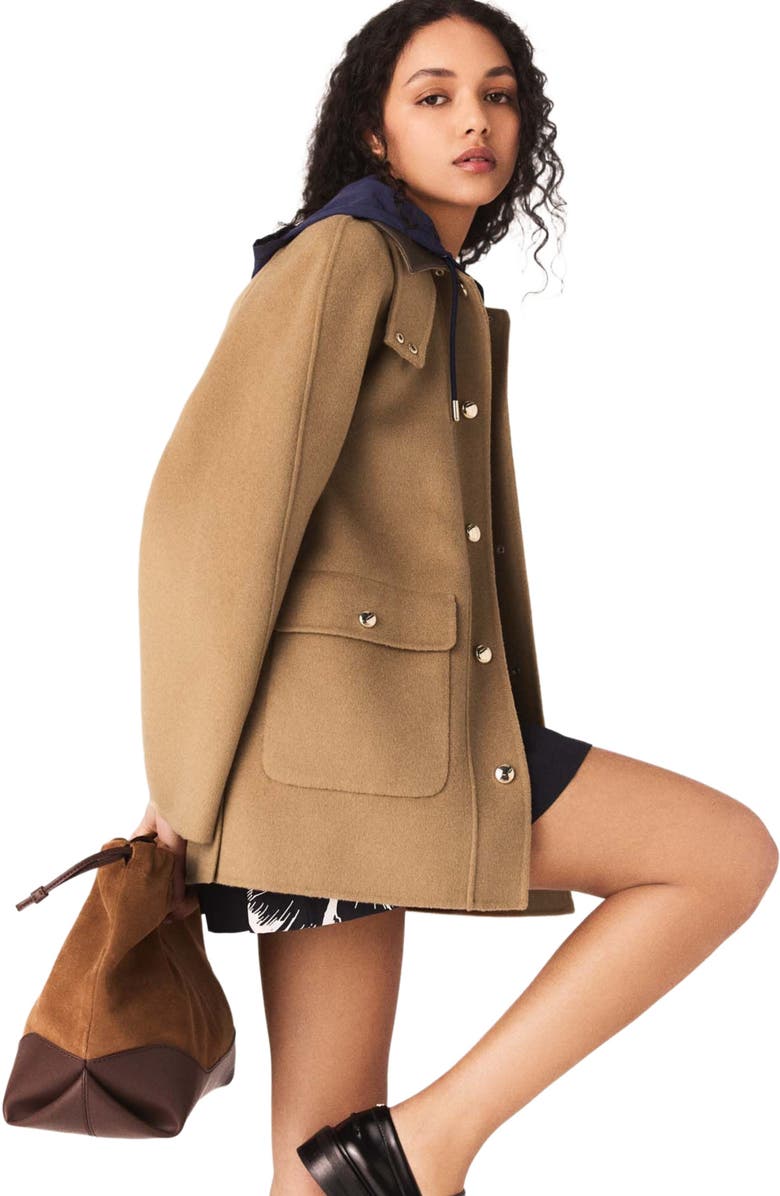 maje Wool coat with removable hood, Alternate, color, Beige