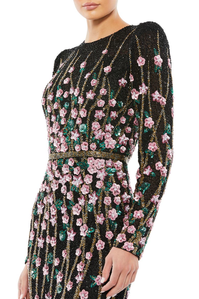 Floral Embellished Mesh Gown with High Neck & Sheer Long Sleeves, Alternate, color, BLACK MULTI