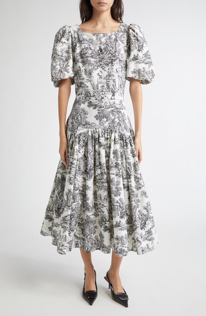 Tanner Fletcher Gender Inclusive Connie Drop Waist Toile de Jouy Midi Dress, Main, color, 