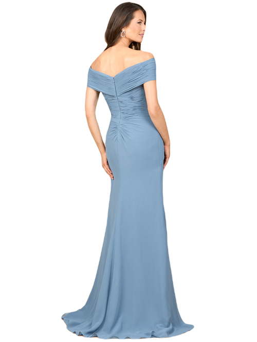 Lara New York Off Shoulder Elegant Chiffon Gown In Dusty Blue