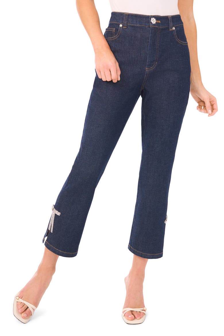 Rhinestone Bow Detail High Waist Crop Flare Jeans, Main, color, INDIGO NIGHT