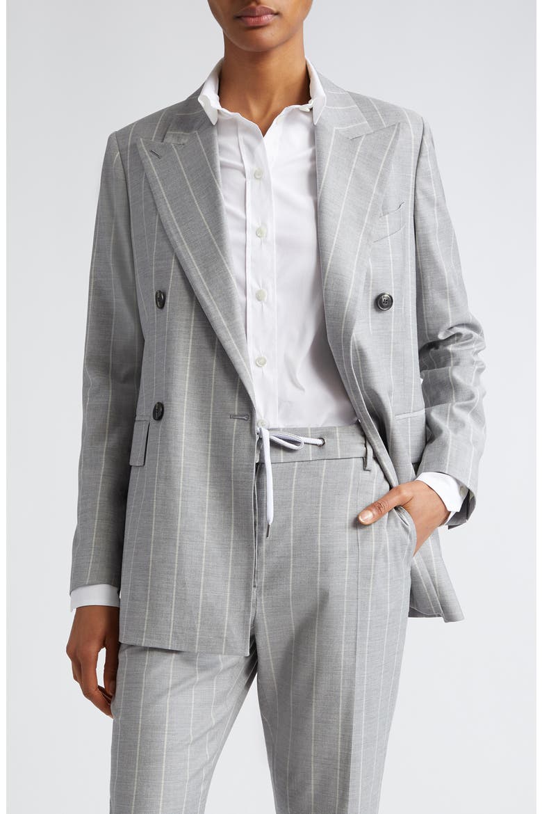 Pinstripe Double Breasted Virgin Wool Blend Blazer, Main, color, GRAY