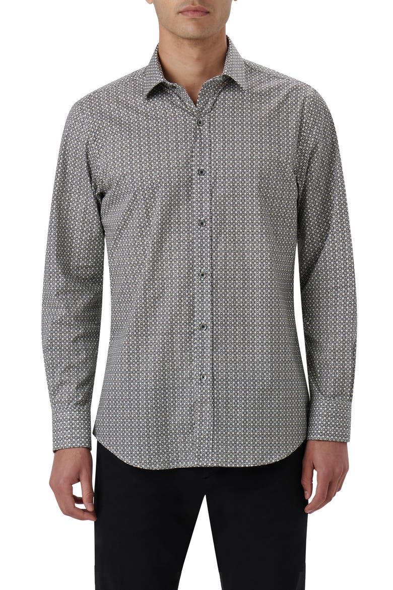 Julian Shaped Fit Chain Link Print Stretch Cotton Button-Up Shirt, Main, color, CEMENT