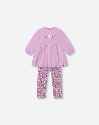 Deux Par Deux Tunic and Printed Leggings Set - Lilac Mini Flowers Deux Par Deux Tunic and Printed Leggings Set - Lilac Mini Flowers