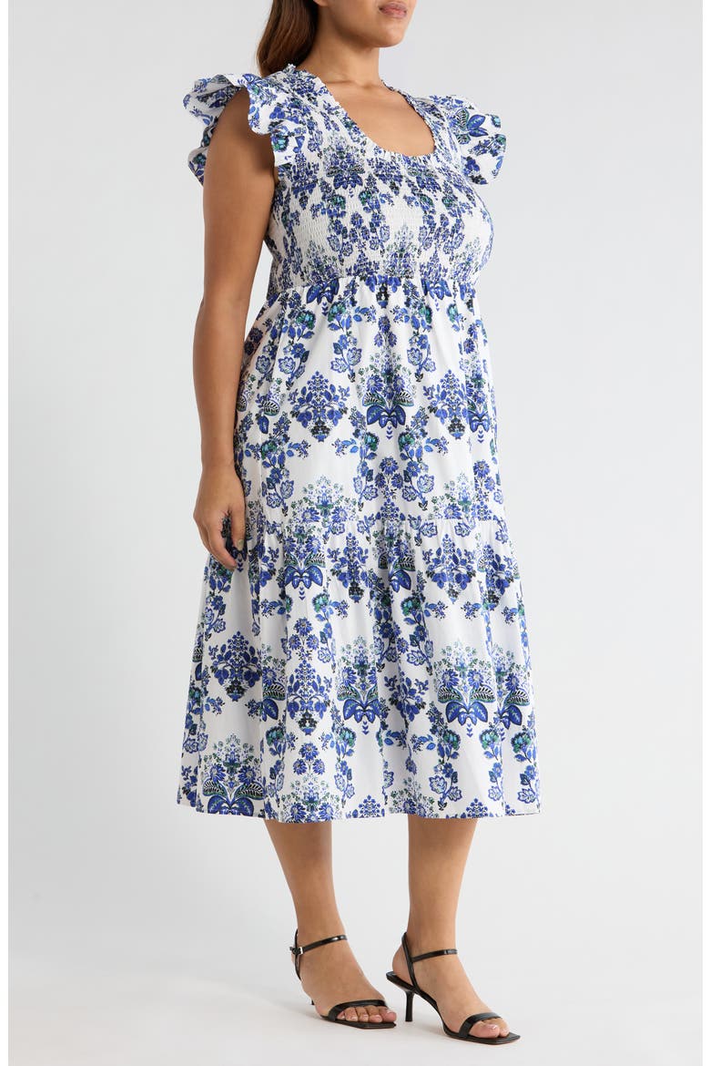 Viara Floral Giza Smocked Cotton Midi Dress, Alternate, color, BLUES-WHITE