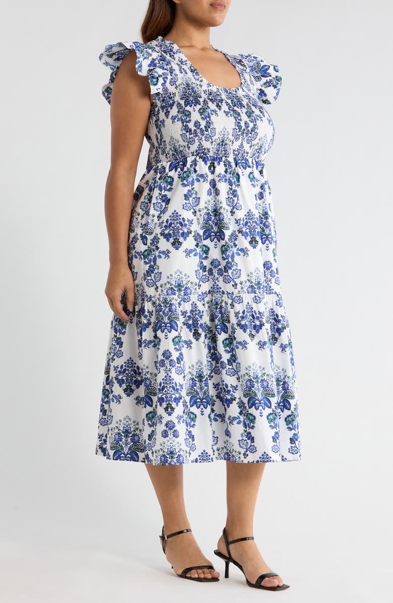 SUGARLIPS Viara Floral Giza Smocked Cotton Midi Dress, Alternate, color, Blues-White