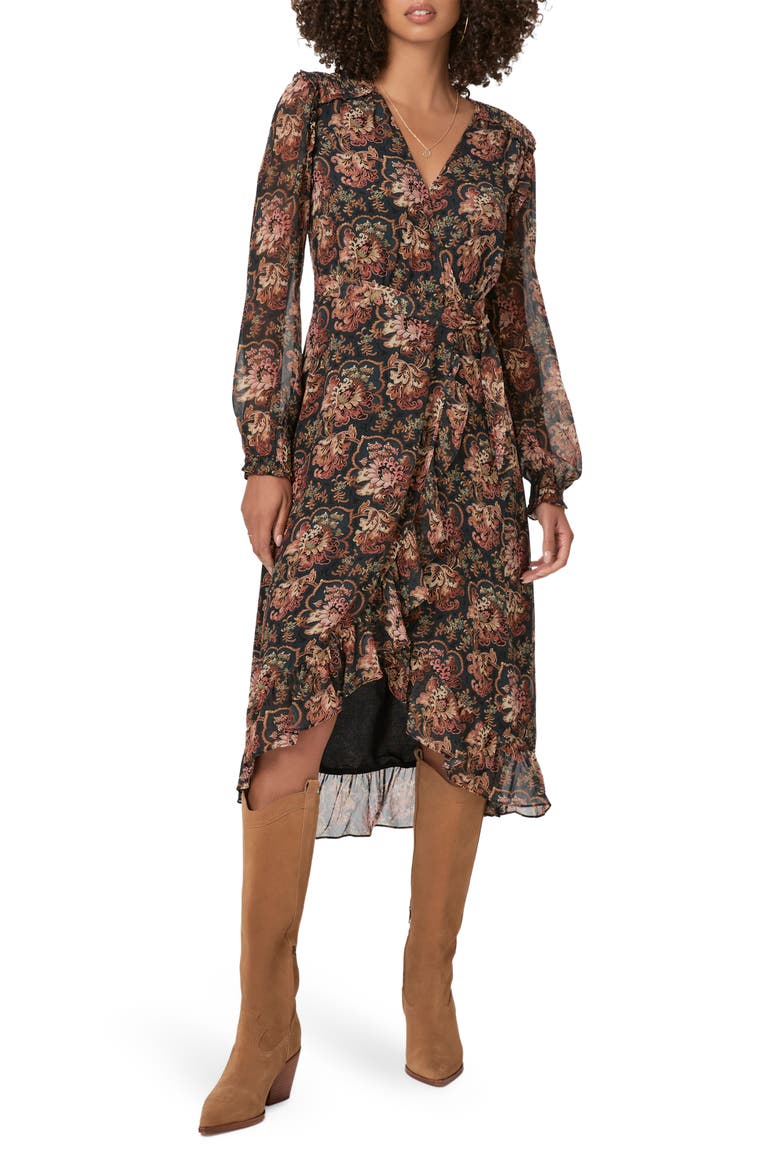 Paulette Print Long Sleeve Silk Dress, Main, color, BLK BLUE
