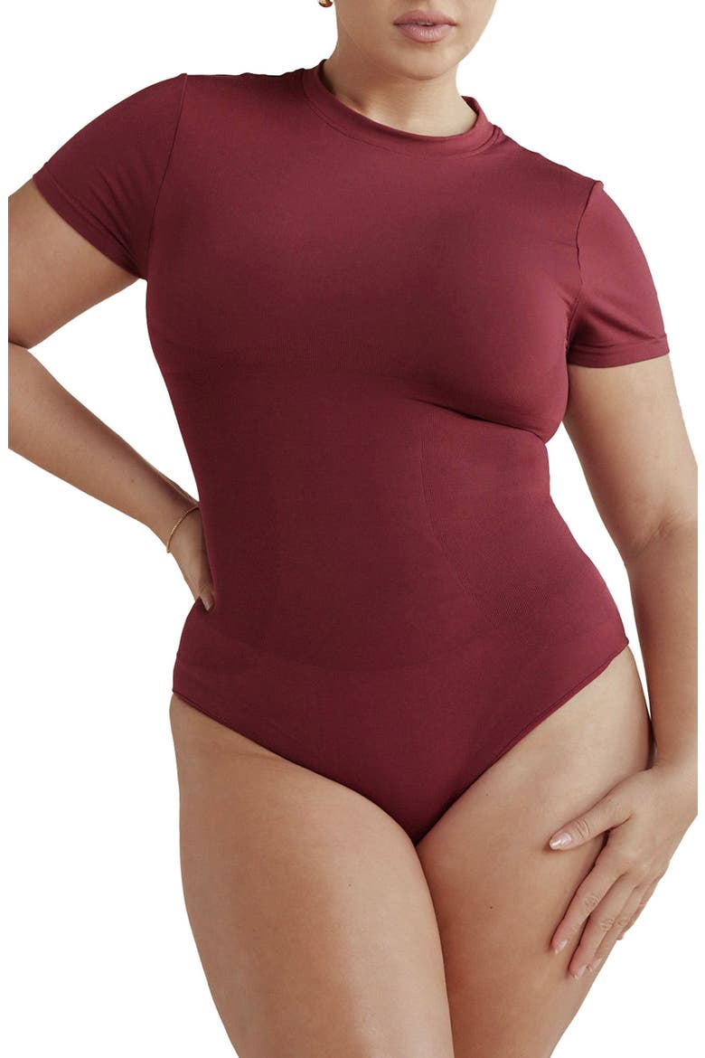 Butter Sculpt Short Sleeve Bodysuit, Alternate, color, DARK CHERRY