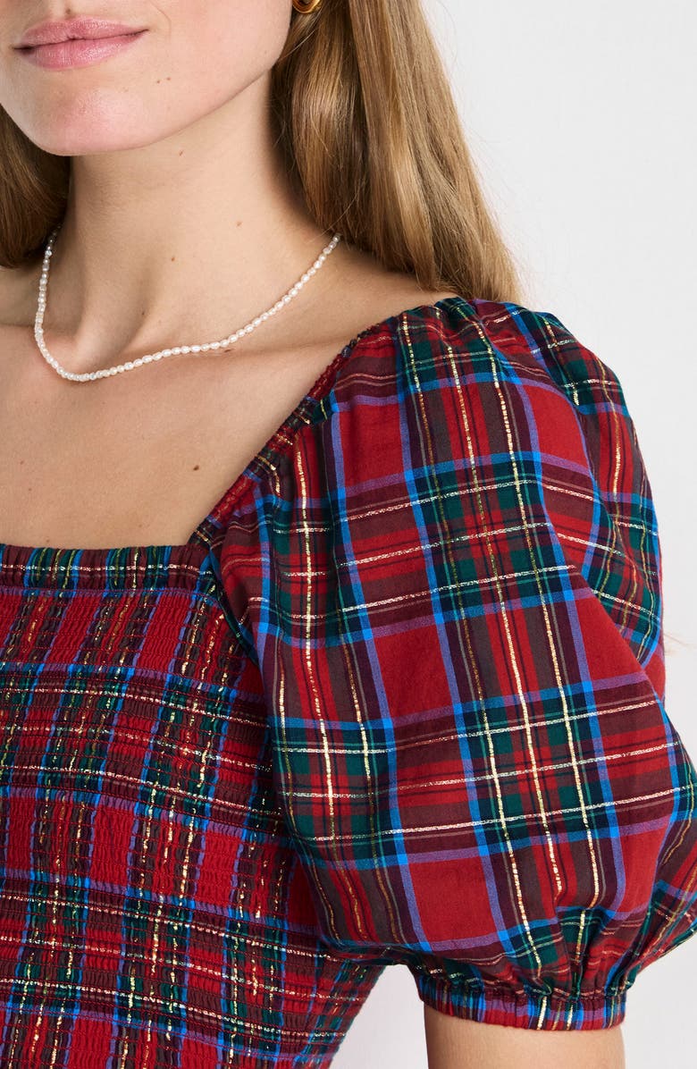 vineyard vines Ellen Plaid Puff Sleeve Midi Dress, Alternate, color, Yuletide Tartan Red