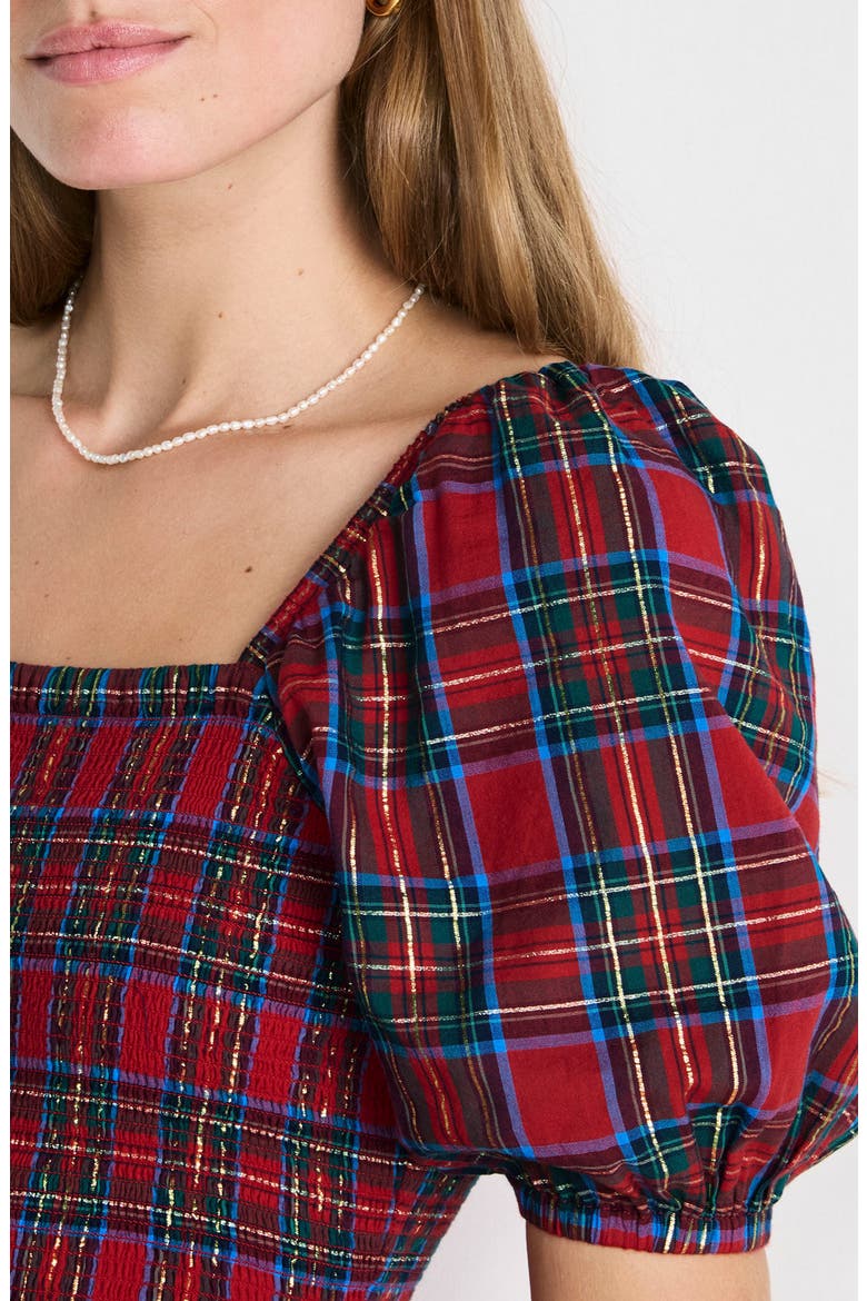 vineyard vines red plaid dress Vineyard Vines Ellen Plaid Puff Sleeve Midi Dress - Yuletide Tartan Red