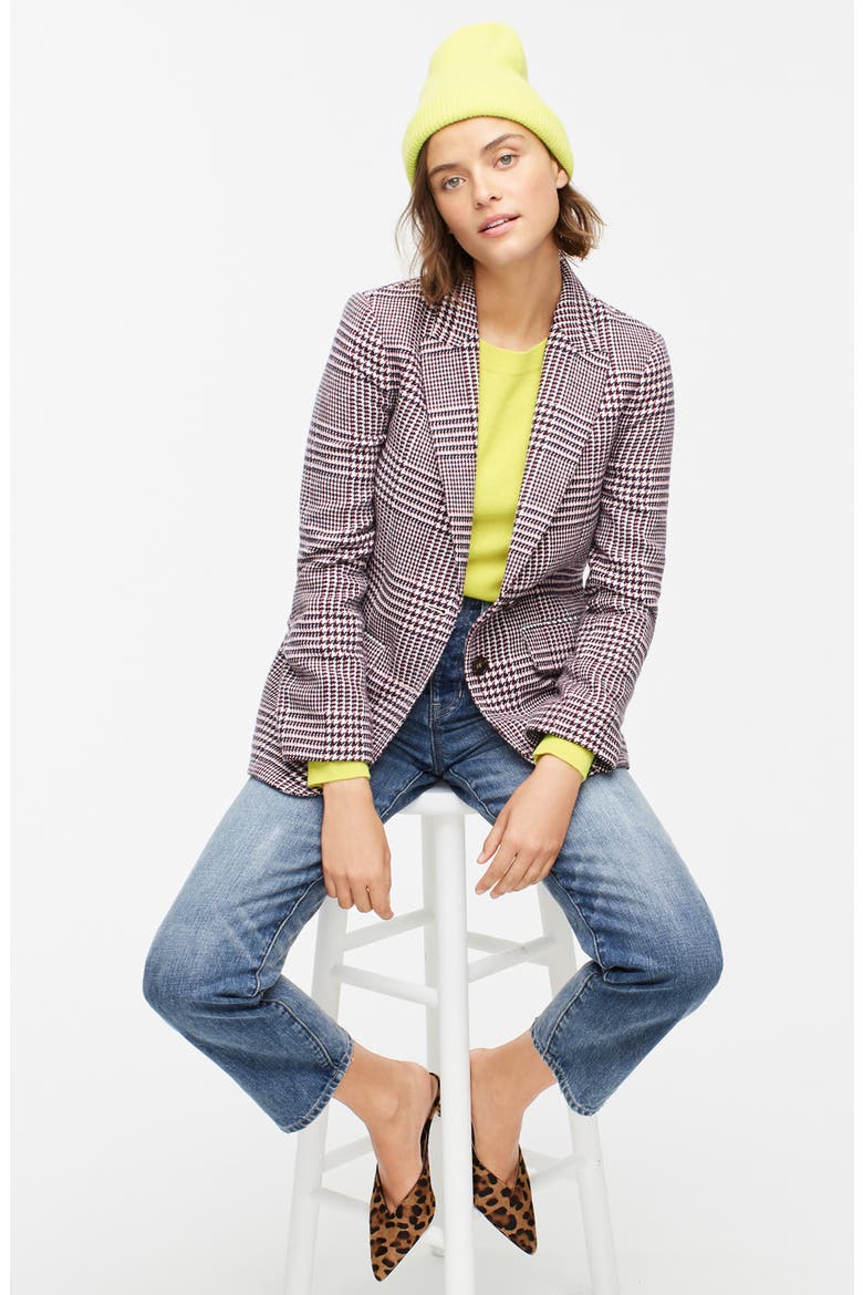 Houndstooth Plaid Boyfriend Blazer, Alternate, color, IVORY BURGUNDY SHADOW