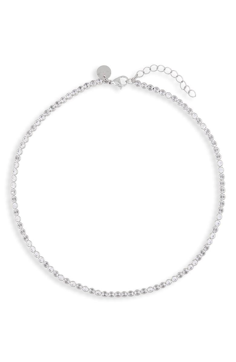 THE SIS KISS Meg Cubic Zirconia Tennis Necklace, Main, color, Silver