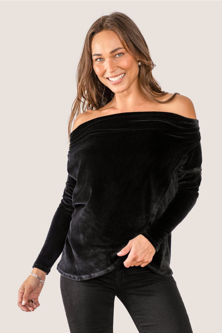 Sweater Weather Built-In Shelf Off-The-Shoulder Velour Long Sleeve Top, Alternate, color, Black