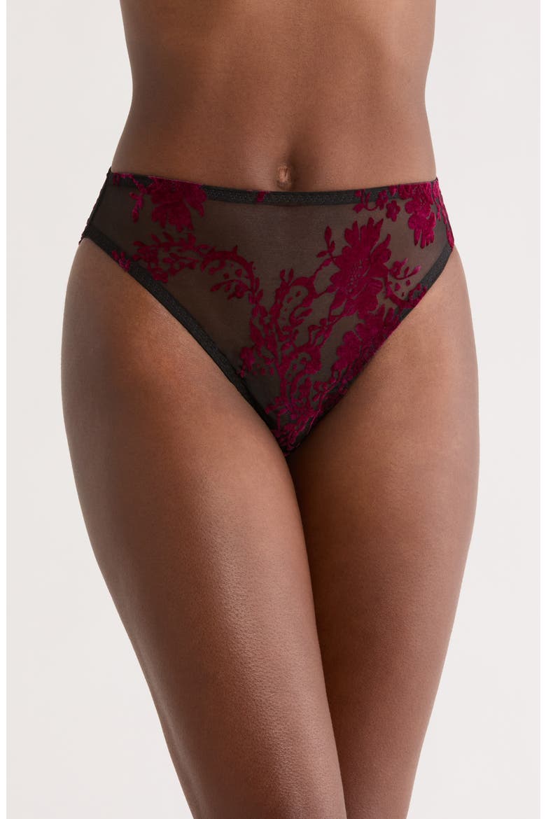 Floral Flocked High Waist Briefs, Main, color, BLACK-BOYSENBERRY