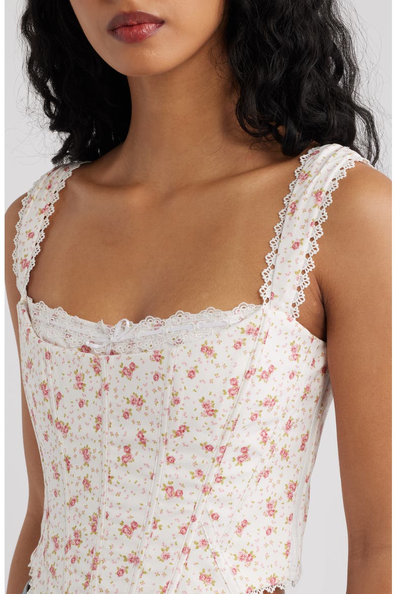 Adina Floral Lace Trim Stretch Cotton Corset Top, Alternate, color, WHITE ROSE