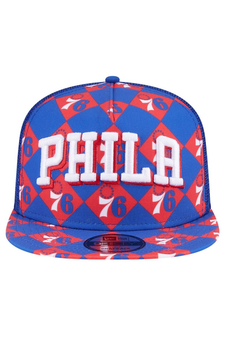Men's New Era Royal Philadelphia 76ers Seeing Diamonds A-Frame Trucker 9FIFTY Snapback Hat, Alternate, color, Royal
