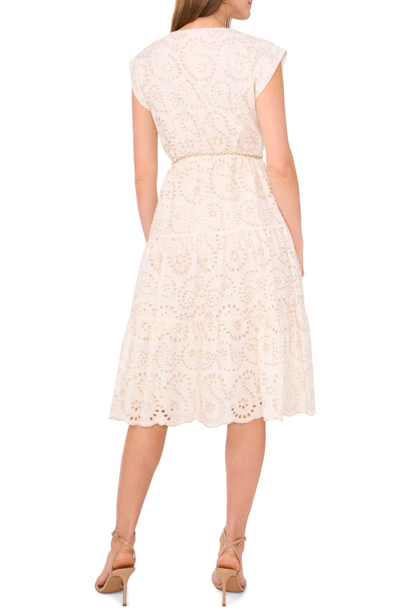 Vince Camuto Eyelet Tie Waist Tiered Midi Dress, Alternate, color, Ultra White