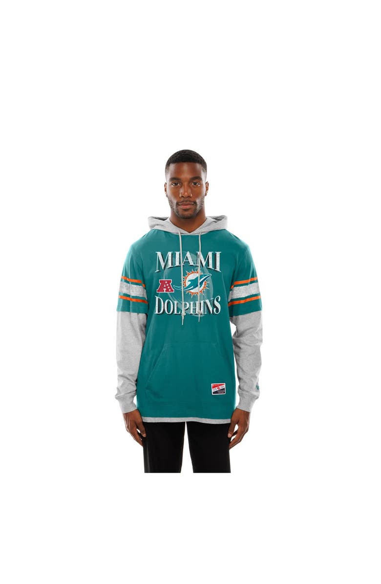 New Era Men's New Era Aqua Miami Dolphins Twofer Layered Long Sleeve Hoodie T-Shirt, Alternate, color, Aqua