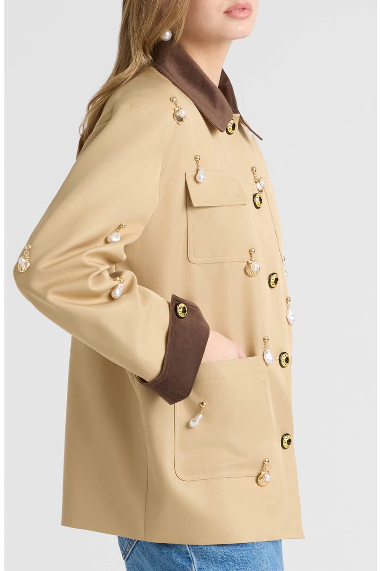 Faux Pearl Charm Detail Twill Jacket, Alternate, color, BRITISH TAN