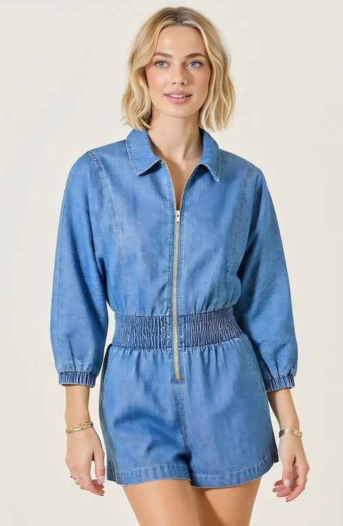 Modenaire Zip Front Romper With Smocked Waist And 3/4 Sleeves
