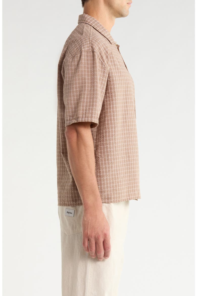 Frequency Check Short Sleeve Cotton Seersucker Button-Up Shirt, Alternate, color, CARAMEL