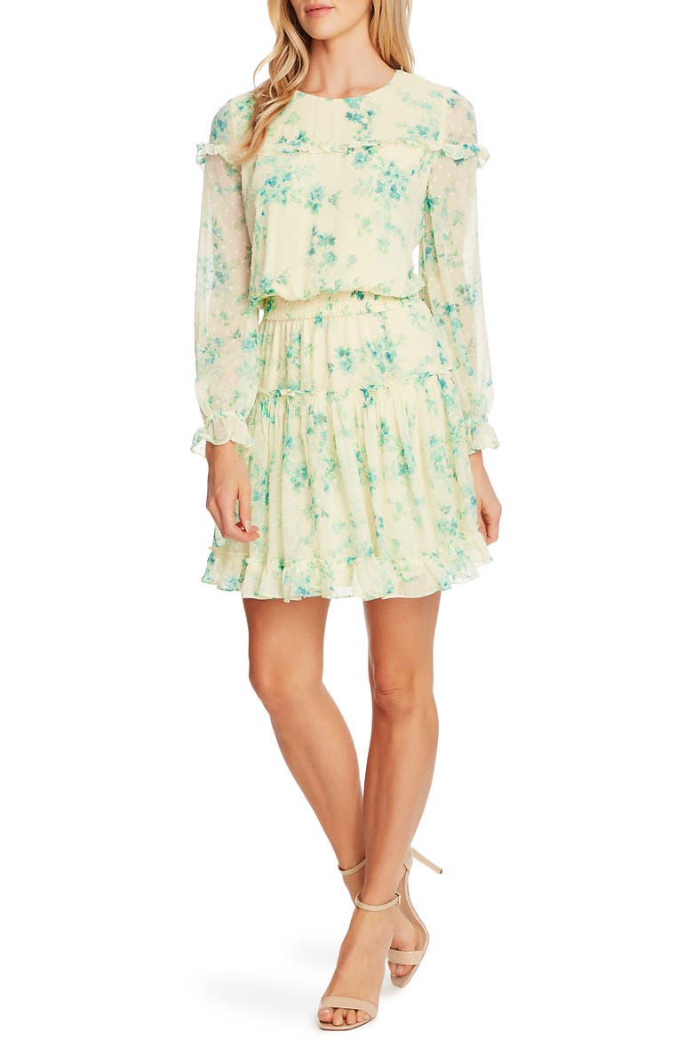 Breezy Bouquet Clip Dot Ruffle Hem Long Sleeve Dress, Main, color, LEMONADE