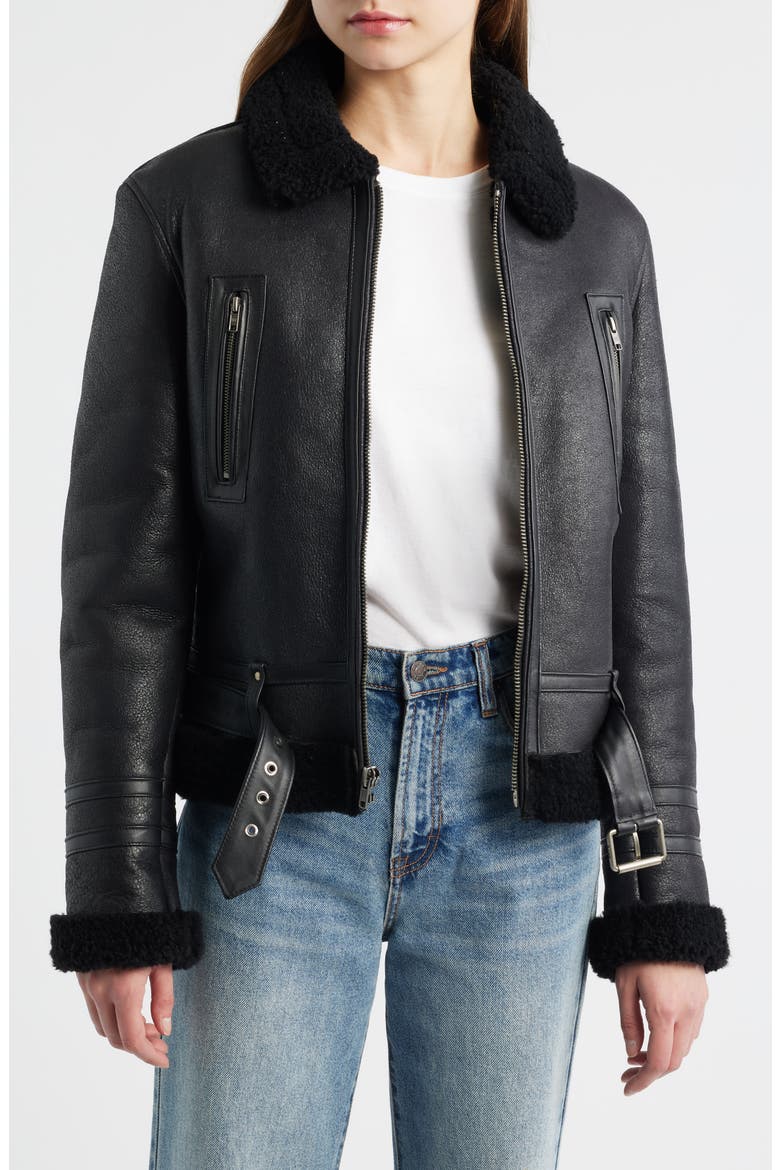 Leather Jacket with Genuine Shearling Trim, Alternate, color, BLACK