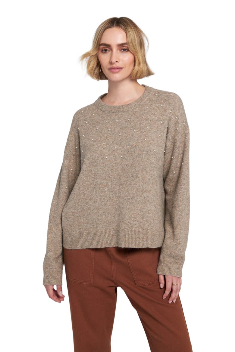 Pearl Trimmed Sweater Pullover, Alternate, color, Latte