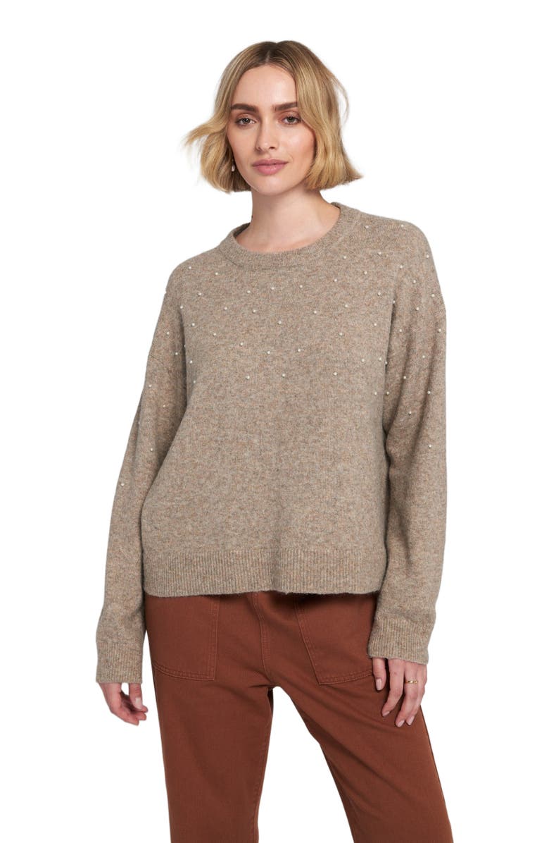 ELLE Collection Pearl Trimmed Sweater Pullover, Alternate, color, Latte
