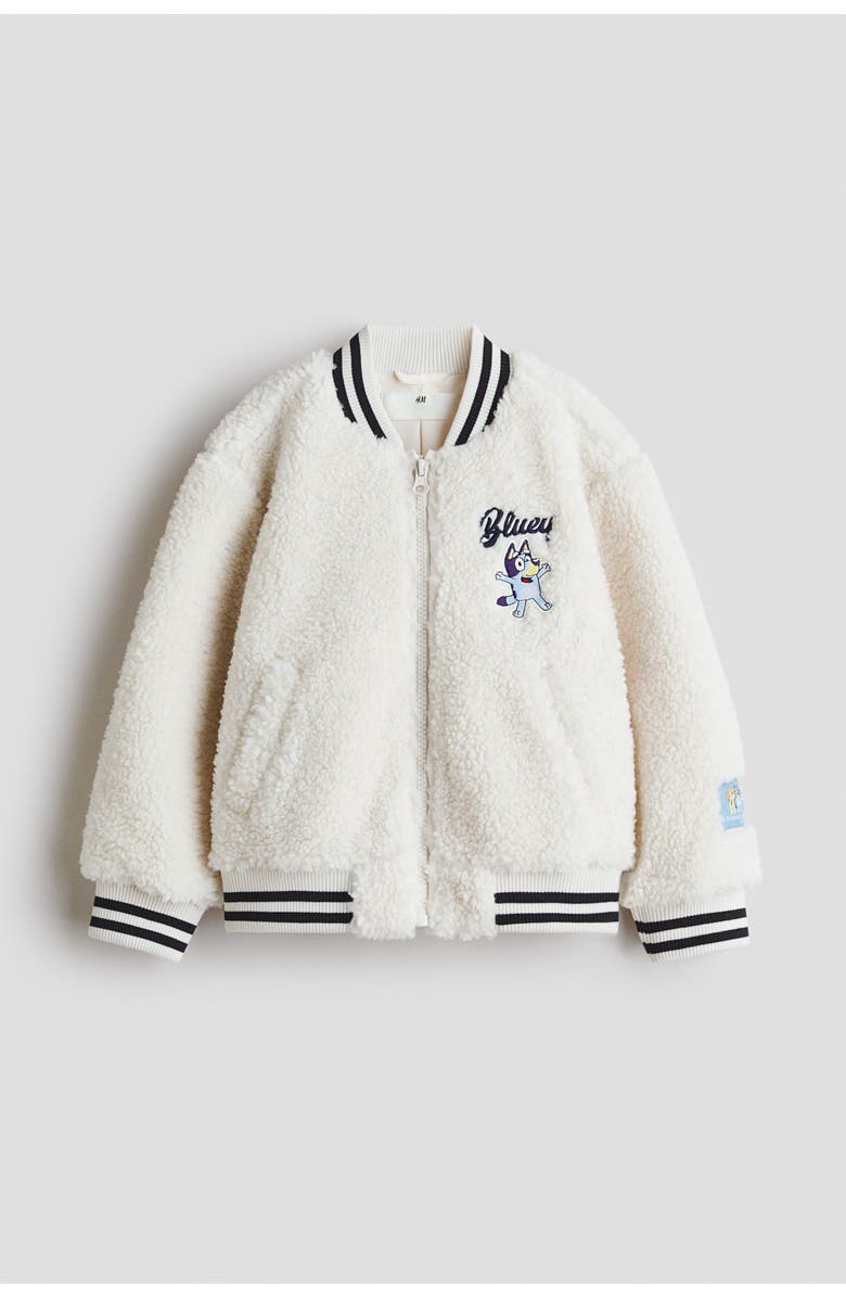 H&M Teddy Baseball Jacket, Main, color, Cream/Bluey