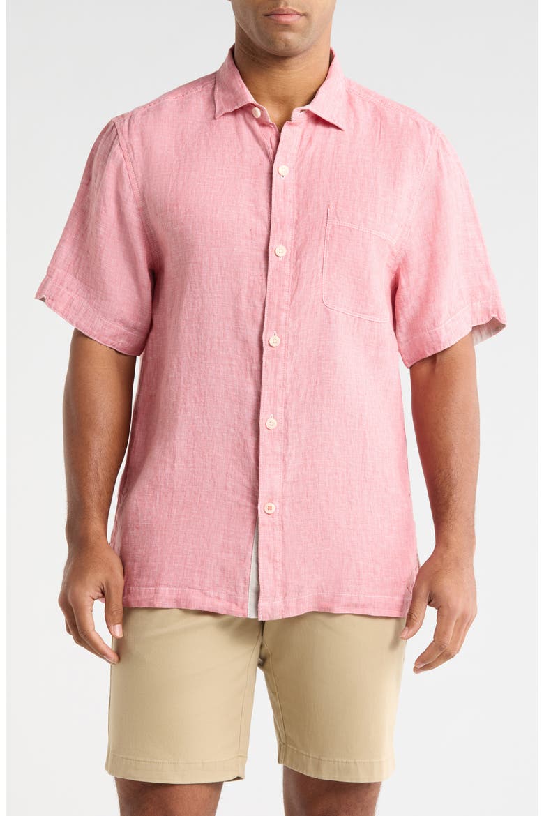 Paradise Breezer Short Sleeve Linen Button-Up Shirt, Main, color, RED SUNSET