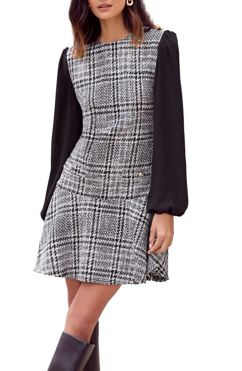Friends Like These Check Long Sleeve Bouclé Minidress, Main, color, Black White Multi