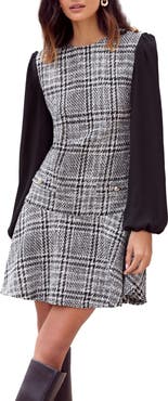 Friends Like These Check Long Sleeve Bouclé Minidress