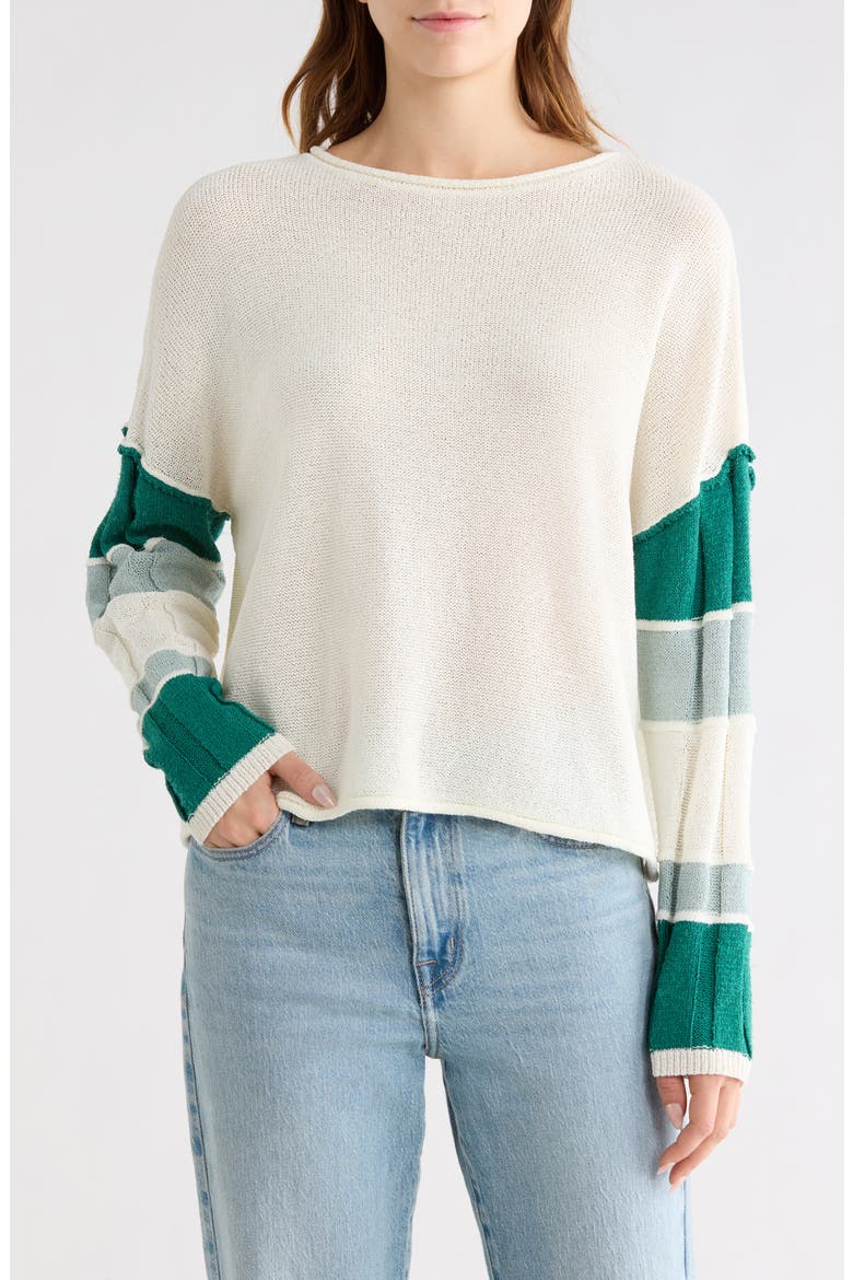 Stripe Sleeve Sweater, Main, color, CREAM/ TEAL