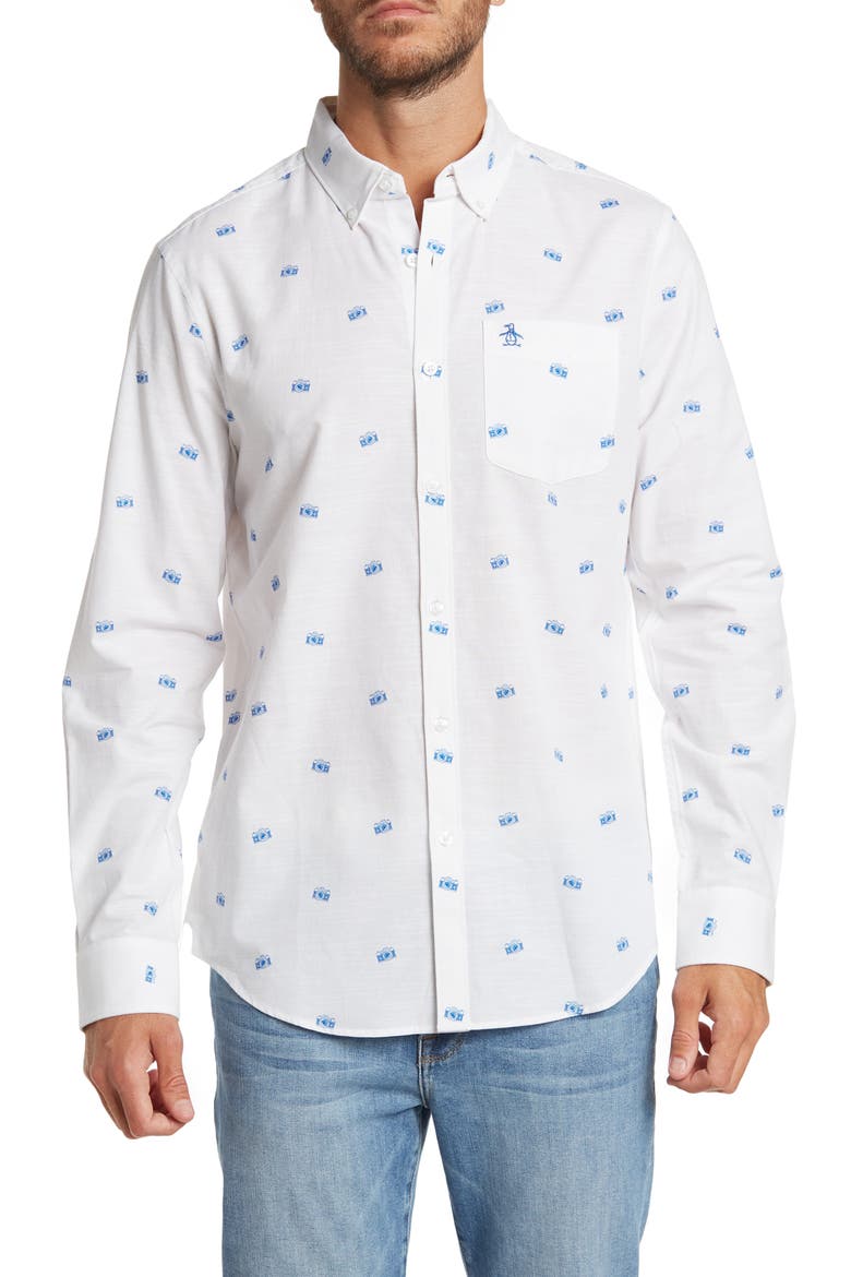 Camera Print Woven Shirt, Main, color, BRIGHT WHITE