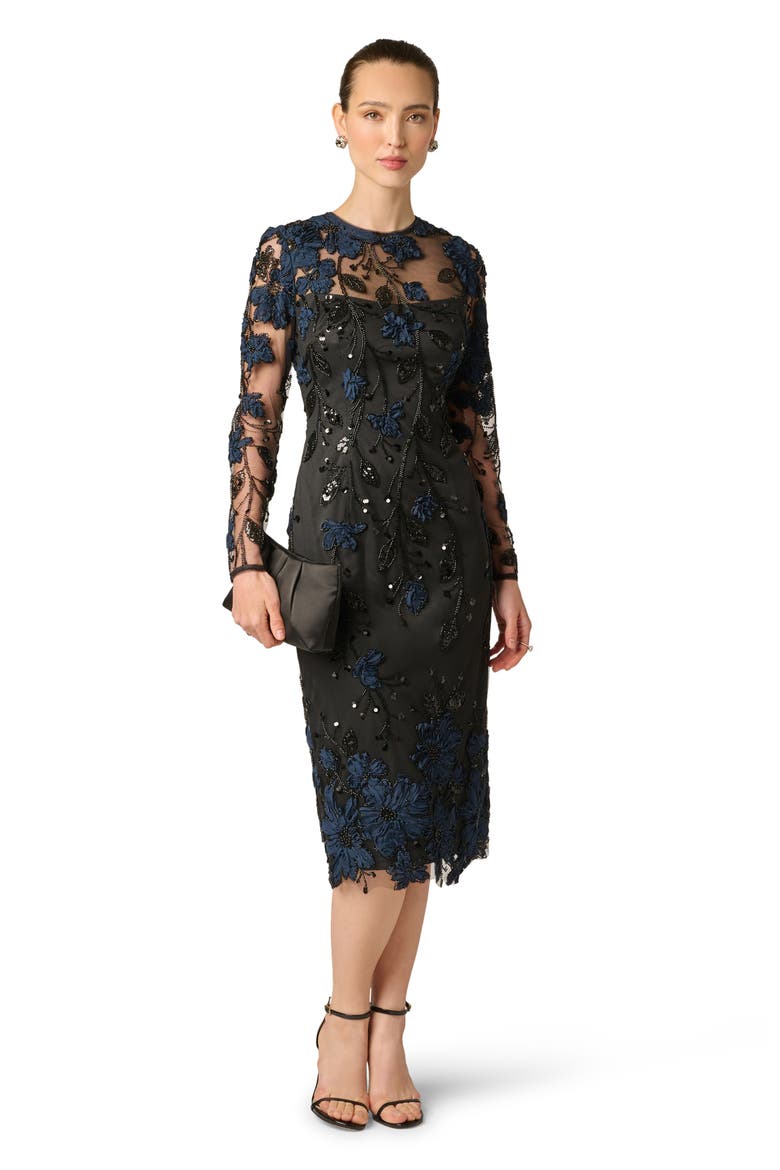3D Embroidered Sequin Cocktail Dress, Alternate, color, NAVY/ BLACK