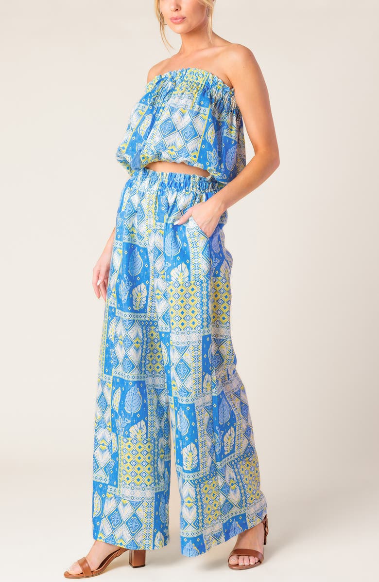 FLYING TOMATO Strapless Bubble Top & Wide Leg Pant Set, Alternate, color, Blue/ Lime