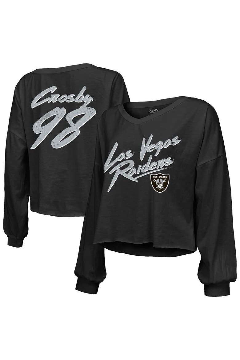 Women's Majestic Threads Maxx Crosby Black Las Vegas Raiders Off-Shoulder Script Player Name & Number Cropped Long Sleeve V-Neck T-Shirt, Main, color, Black