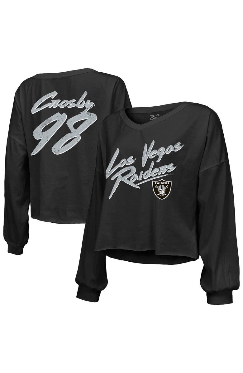 Majestic Threads Women's Majestic Threads Maxx Crosby Black Las Vegas Raiders Off-Shoulder Script Player Name & Number Cropped Long Sleeve V-Neck T-Shirt, Main, color, Black