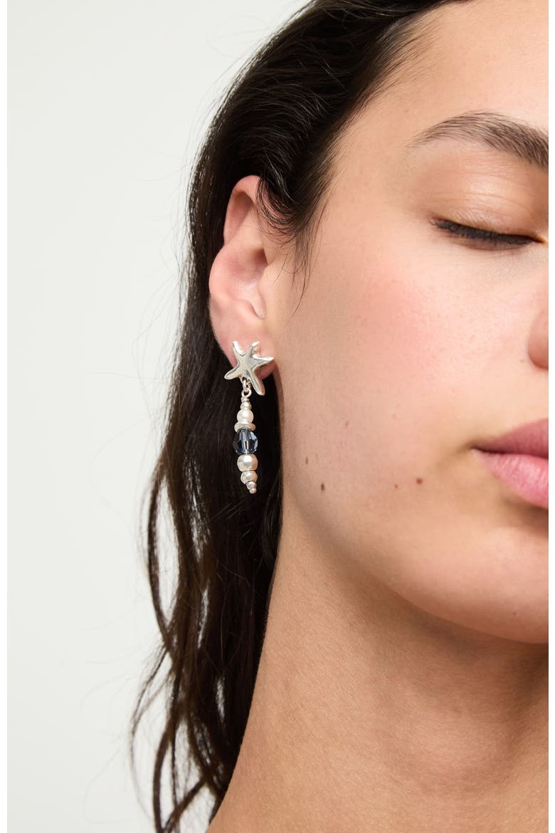 Long Silver-Tone Earrings with Blue Faceted Crystals and Star, Alternate, color, Silver