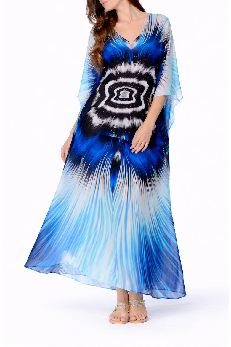 Abstract Print V-Neck Maxi Caftan, Main, color, BLUE