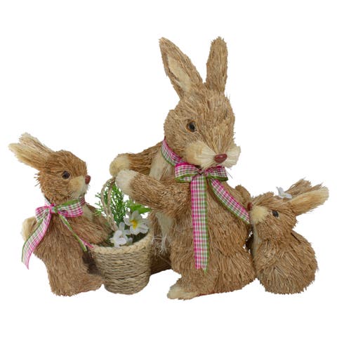 Sisal Mommy and Babies with Basket Easter Bunny Figure Decoration - 12.5"